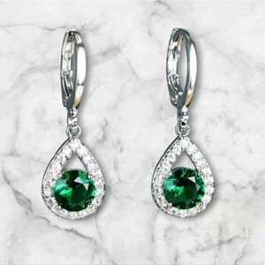 Round White, Red, Blue or Green Sapphire Silver Plated Drop Earrings